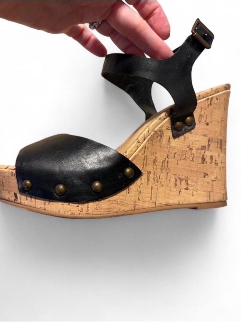 Arizona Jeans Co Black Leather Cork Wedge Sandals